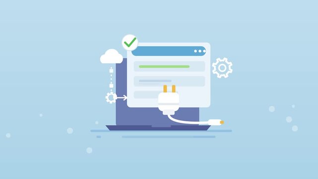 Software update loading progress bar animation on laptop screen with plug icon vector video footage