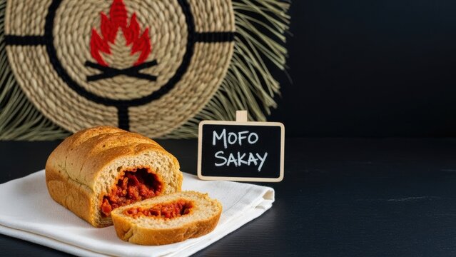 Traditional vegan spicy bread with chili and onion served on dark slate against woven grass with a cultural fire motif and large negative space.
