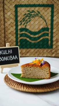 Traditional Maldivian Kulhi Boakibaa savory tuna and rice cake on a coconut husk plate with edible flowers, a chalkboard, and woven pandanus against white marble with large negative space.