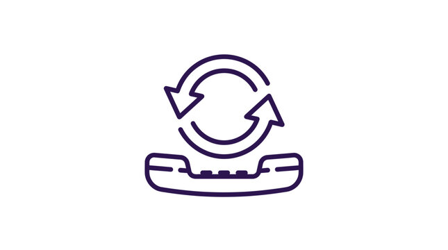 Purple outline telephone handset icon with circular rotating arrows representing customer service support callback and telecommunication network communication services on white background