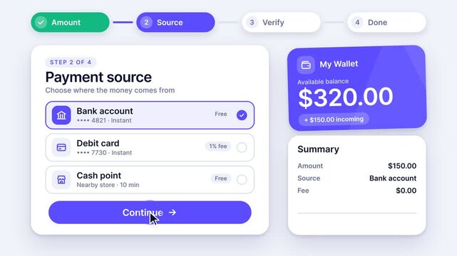 Fintech App User Interface Animating a Successful Money Deposit and Wallet Balance Update, Motion Graphics