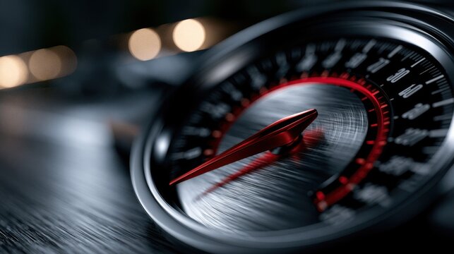 Sleek modern car speedometer gauge with red needle highlighting fast driving and high performance on a metallic textured dashboard display at night
