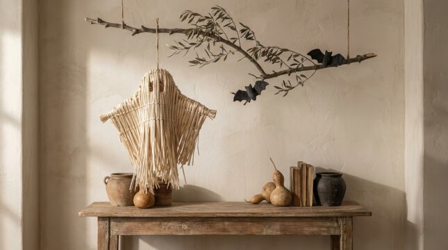 Wicker ghost decoration hanging on a branch with felt bats above rustic wooden table with gourds and clay pots. Handmade Halloween decor. Natural fall home styling.