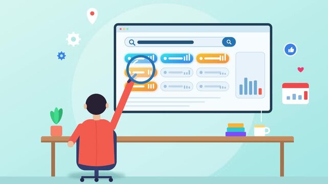 Animated business professional analyzing data charts on large computer screen using interactive magnifying glass video footage