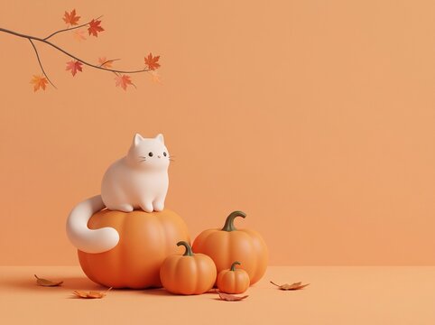 Chat blanc mignon en 3D assis sur des citrouilles d'automne sur fond orange pastel
