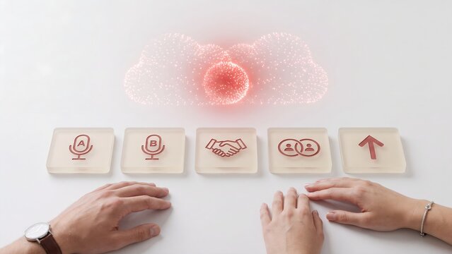 Cloud computing and digital collaboration concept, business team using hands to interact with wireless network icons and cloud data, connectivity, digital transformation, communication technology icon