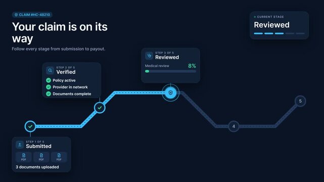 Digital Insurance Claim Tracking Interface Animation Showing Progress from Submission to Payout