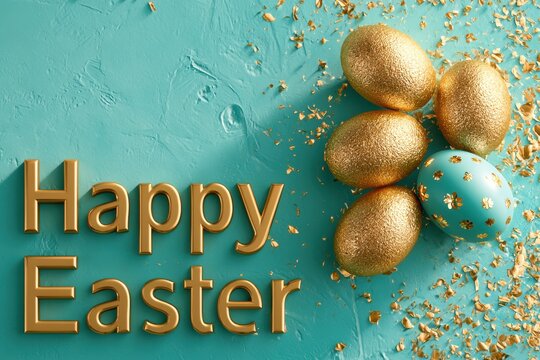Golden decorated eggs arranged with one blue floral egg on textured turquoise background with elegant happy easter text for festive celebration design