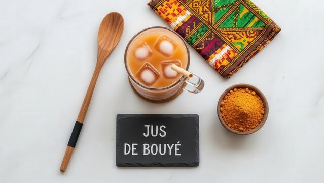 Refreshing African Jus de Bouye baobab fruit juice with ice in a rustic glass on light marble, featuring Bogolanfini cloth, raw powder, and an overhead chalkboard.