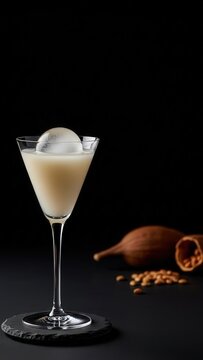 Fine dining presentation of African Jus de Bouye baobab juice in a crystal glass with artisan ice on a dark stone coaster featuring baobab pods and dramatic negative space.