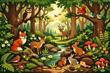 Fototapeta premium Vibrant woodland animals illustration
