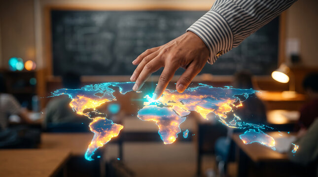 A person's hand reaching toward a glowing, holographic map projection floating in a dimly lit classroom with a chalkboard background