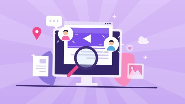 Animated graphic video showing computer monitor displaying search results with magnifying glass and icons in motion