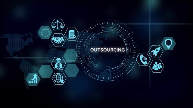 Outsourcing business concept with digital hud interface and global network icons