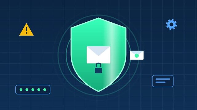 Cyber security shield protects email messaging system from spam and phishing attacks in digital animation video clip