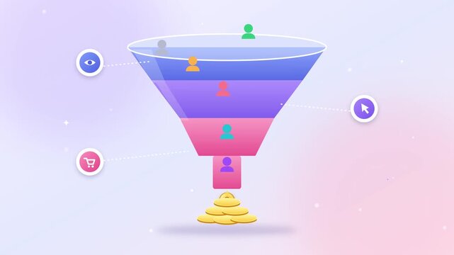 Digital marketing sales funnel animation showing customer journey converting into revenue coins in financial video clip