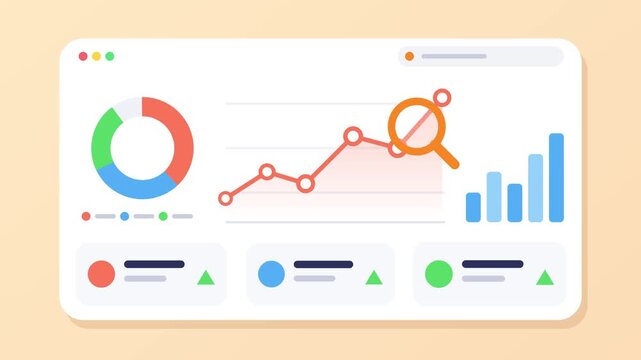 Dynamic financial dashboard motion graphics video featuring growing charts, pie diagrams, and analytical search tools in animation