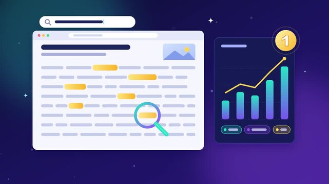 Search engine optimization concept animation showing magnifying glass scanning website text and rising business growth charts in digital motion clip
