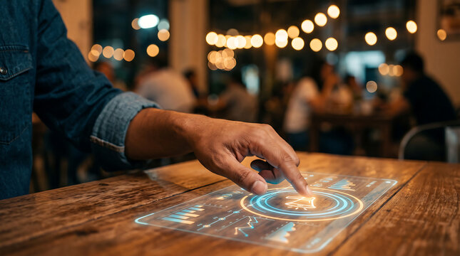 Close-up of a person wearing a denim shirt interacting with a glowing, holographic data interface projected onto a rustic wooden table in a dimly lit restaurant with bokeh lights