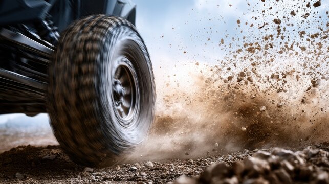 High-speed off-road tire kicking up a cloud of dirt and rocks on a rugged terrain under a clear blue sky during an adventurous outdoor ride
