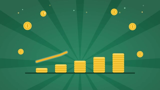 Growing coin stacks and upward financial arrow animation video footage illustrating business success, profit, and economic growth
