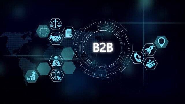 B2 b business digital interface with global network icons and hud technology