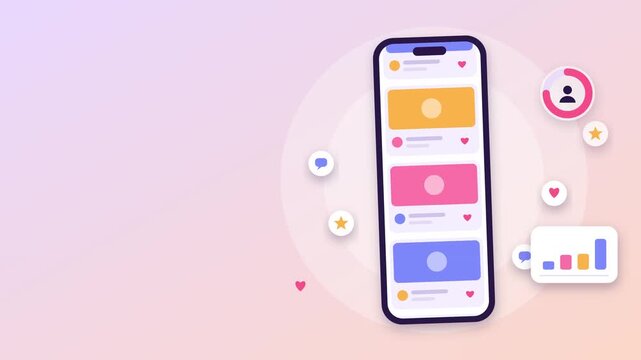 Vertical smartphone screen displays moving social media content feed with floating icons in animated graphic design video footage