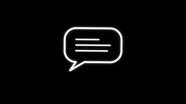 Minimalist glowing speech bubble icon with simplified text lines on a dark black background, representing digital communication and instant messaging, ideal for user interface design and website