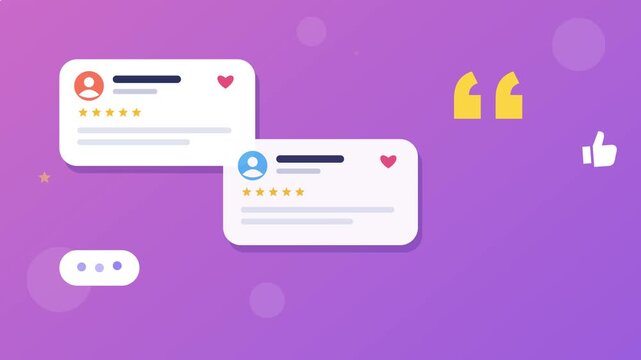 Customer reviews animation showing online feedback ratings stars and testimonials floating on purple background video