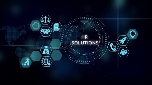 Hr solutions digital interface with global business icons and hud technology human resources recruitment