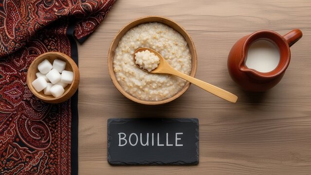 Minimalist flat lay of traditional African Bouille millet porridge in a calabash bowl with a chalkboard, clay milk jug, and textile on a wooden table.