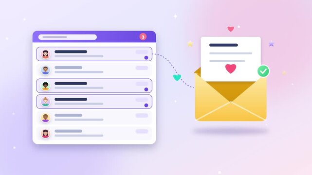 Digital interface sending loving message through yellow envelope graphic in motion vector animation clip