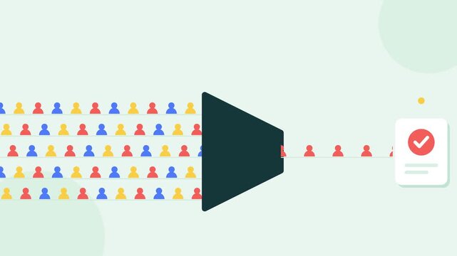 Marketing funnel animation showing colorful user icons filtering into qualified leads for business conversion video clip