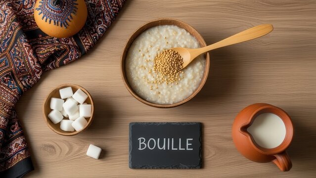 Minimalist flat lay of traditional African Bouille millet porridge in a calabash bowl with a chalkboard, clay milk jug, and textile on a wooden table.