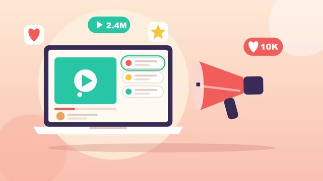Digital marketing video animation showing laptop screen, megaphone speaker, and social media icons with views motion footage