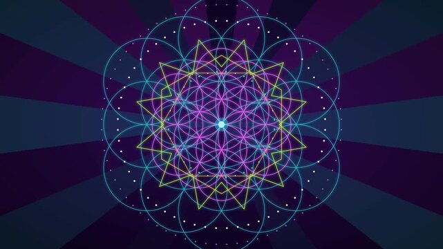 Sacred geometry flower of life glowing with neon light rays in mystical meditation motion video clip