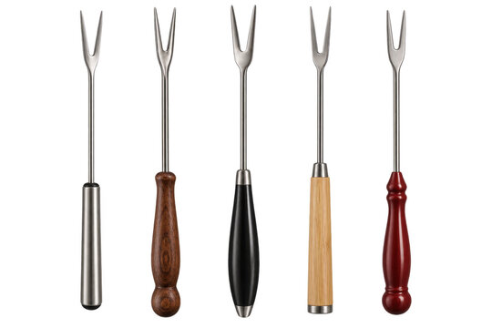 Five stainless steel fondue forks with different handles, arranged in a row. Each fork has two tines and a long handle made of metal, wood, or a combination Transparent Background. AI generative