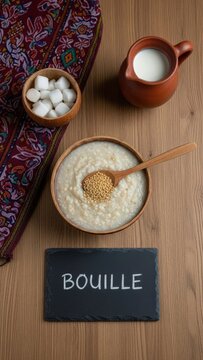 Minimalist flat lay of traditional African Bouille millet porridge in a calabash bowl with a chalkboard, clay milk jug, and textile on a wooden table.