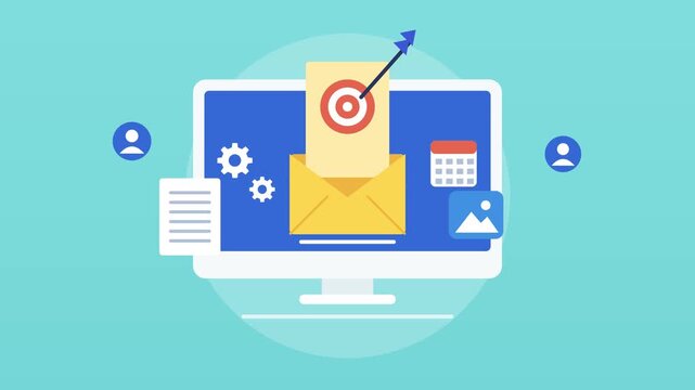 Flat design digital marketing strategy animation footage featuring computer screen icons and target graphics motion clip