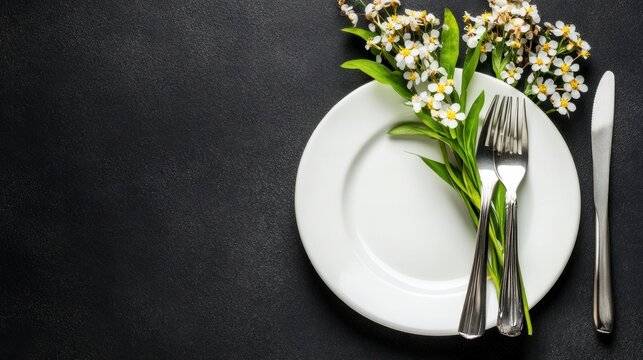 White plate cutlery flowers table setting
