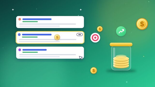 Digital marketing advertisement campaign generating revenue and coin savings entering glass jar in animated stock video clip
