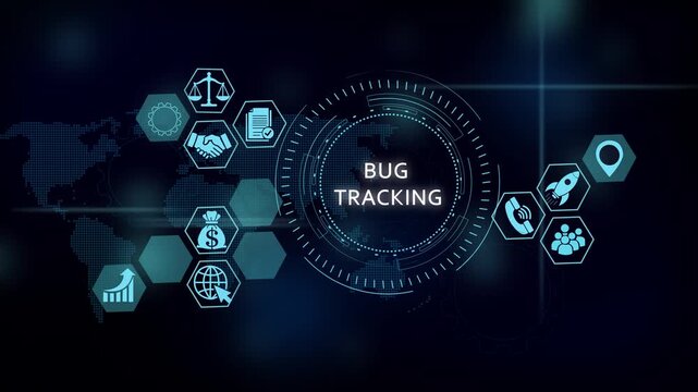 Bug tracking software interface with digital hud and global network icons software development assurance