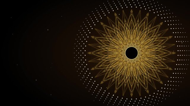 Intricate golden mandala pattern rotating smoothly in endless motion with glowing particles and dark luxury background