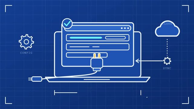 Blue software engineering blueprint video footage showing laptop interface integration with cloud computing and configuration settings