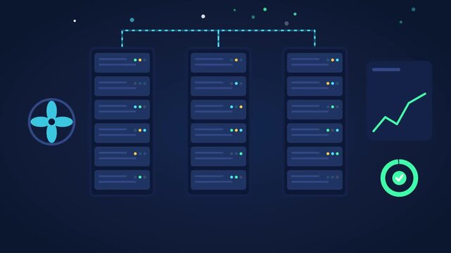 Digital server racks processing data in a futuristic data center with animated graphs and network connections