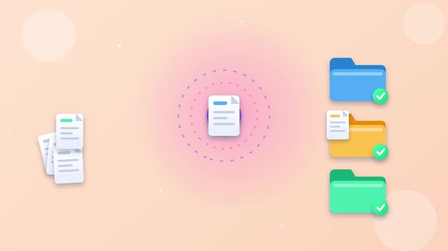 Document organization video animation showing digital files sorting into colorful folders with checkmarks for productivity workflow