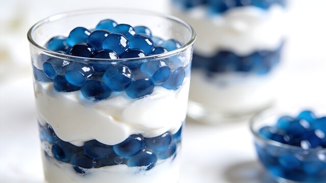 Layered Coconut Cream Dessert Glass Featuring Vivid Blue Tapioca Pearls And Fresh Mint Leaf