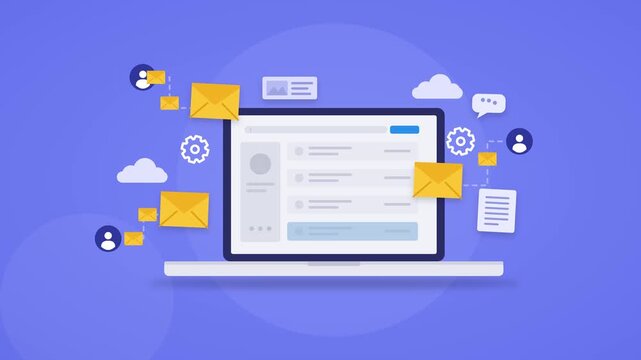 Animated email marketing software vector clip showing incoming messages and outgoing newsletters on digital laptop screen