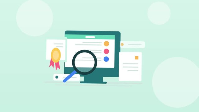 Animated computer screen search footage with magnifying glass graphic and document icons moving in motion