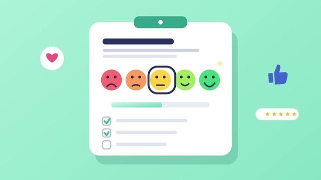 Customer satisfaction feedback survey animation featuring colorful emoji rating system icons selecting positive service experience video footage